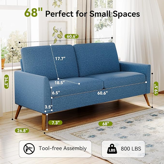 68" Loveseat Sofa, Comfy Blue Linen Couches for Living Room, Mid Century Modern Love Seat Sofa, Tool-Free Setup Small Couches for Bedroom Office