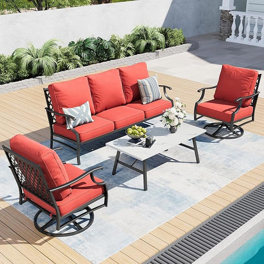 4 Piece Metal Outdoor Patio Furniture Sets, Patio Conversation Sets 1 3-seater Sofa, 2 Swivel Chair with 5.75" Extra Thick Cushion and Coffee Table, Black Frame Backyard Furniture, Red