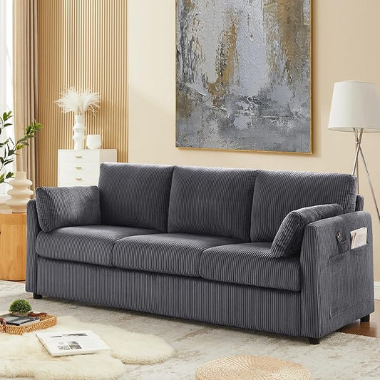 3 Seater Couches for Living Room, 79" Modern Corduroy Sofa with 2 Pillows and Storage Pockets, Small Couches for Apartment, Small Spaces, Home Office, Grey