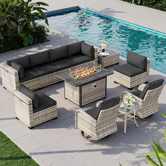 11-Piece Outdoor Patio Furniture Set with Rocking Swivel Chair, Wicker Rattan Sectional Sofa Conversation Set with 55,000 BTU Fire Pit Table, Backyard Furniture, Dark Grey