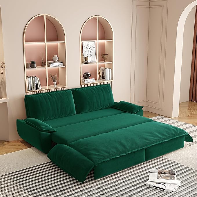 73.2" Queen Size Pull Out Sofa Bed, 3-in-1 Convertible Sleeper, Velvet Loveseat for Living Room, Apartment, Bedroom Small Spaces, Green (Mattress & Bedding Not Included)