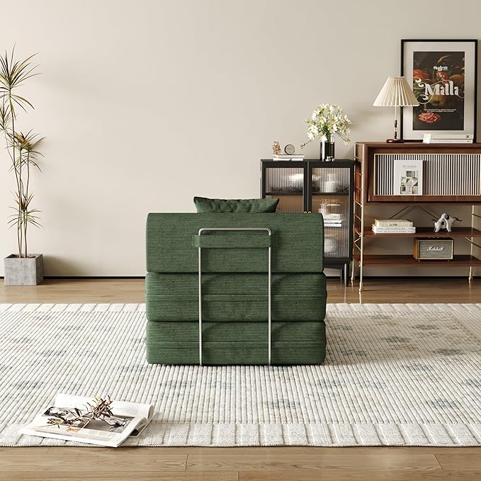 31.5'' Convertible Compressed Corduroy Folding Cloud Sofa Bed Set of 2, 2 Pieces Modern Boneless Pull Out Sleeper Sofa Couch, 3 in 1 Portable Lazy Floor Lounge Chair Set, No Assembly Needed, Green