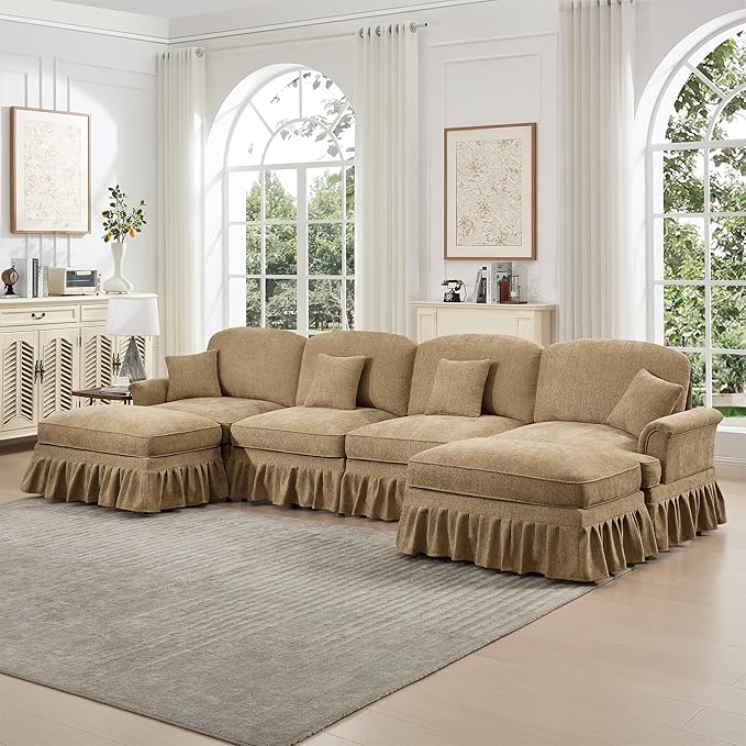 KEIKI Mid Century Modular Sofa with Flared Arms and Skirted Design, 137“ Oversized 4-Seater with 2 Ottomans Luxury Chenille U-Shaped Sectional Couches for Living Room, Chaise Lounge, Light Coffee
