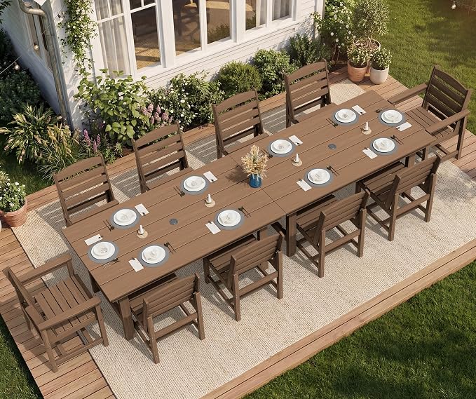 SERWALL Patio Dining Sets for 6 Person, HDPE Dining Set with 6 Armless Chairs, Brown - Image 5