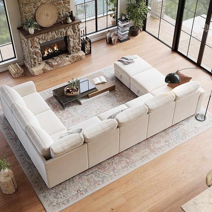 Sectional Couches for Living Room, Cloud Couch Sectional with Large Storage, l-Shape Modular Sectional Sofa with Ottoman (Beige 9-Seater)