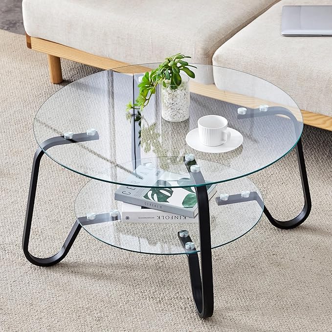 Glass Round Coffee Table for Living Room, 31.5 Inch Tempered Glass Top & Sturdy Metal Frame with Storage Shelf, Modern Small Center Table with 200lb Capacity, Quick & Easy Assembly