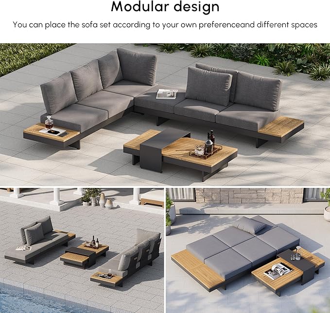 homary Outdoor Conversation Sets, 6 Piece Aluminum & Teak Patio Sectional Sofa Set with Adjustable Backrests, Waterproof Cushions, Ideal for Patios & Balconies | Outdoor Materials, Fade Resistant, Modular design