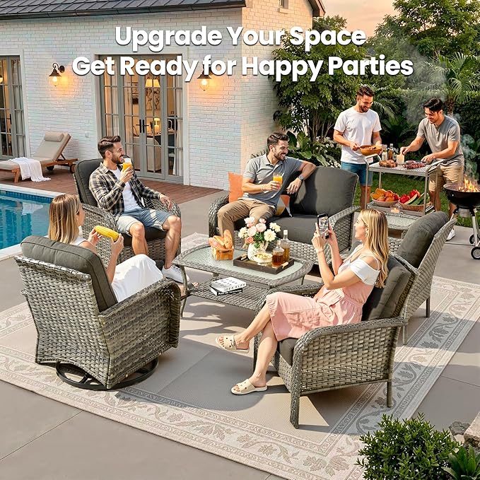 Weaxty 7 Pieces Patio Furniture Set,Wicker Outdoor Swivel Rocking Chairs,Rattan Loveseat Couch,Coffee Table,Patio Sofa Conversation Sets for Deck Backyard Porch Poolside, Black