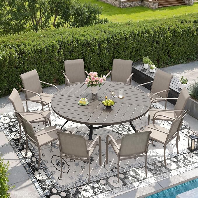 DIFY Patio Dining Set for 10, 11 Piece Outdoor Table and Chairs Set, 59.8" Grey Wood-Like Round Metal Patio Dining Table and 10 Sandshell Textilene Stackable Patio Chairs, for Backyard Garden Deck by DIFY