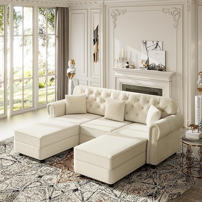 KEIKI 83" Velvet Chesterfield Sofa with Rolled Arms & Nailhead Trim & 2 Ottoman, Modern 3-Seater Button Tufted Couch with High Resilience Cushion & 3 Pillow, Easy Assembly, for Living Room, White