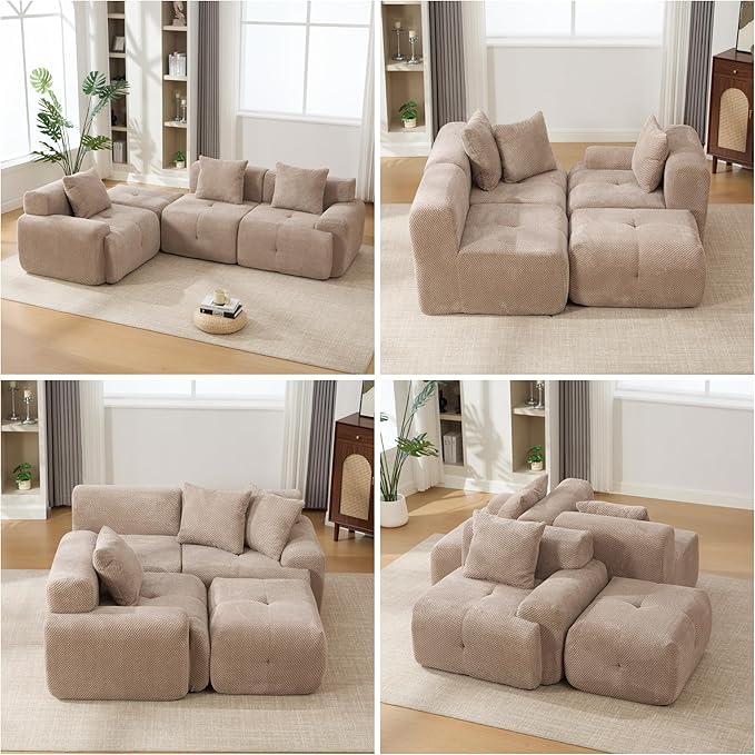104" L-Shaped Compressed Sectional Cloud Sofa, Flannel Upholstered Modular Tufted Sofa with 4 Pieces, Modern Floor Boneless Foam Modular Cloud Couches for Living Room