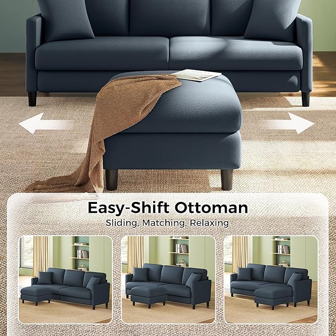 83" Couches for Living Room, Comfy Sofas for Living Room with Storage Ottomans, Teddy Sofa Couch, Tool-Free Loveseat Sofa, All-Wood Love Seat Couches, U Shaped Couch Pillows Include, Blue Grey