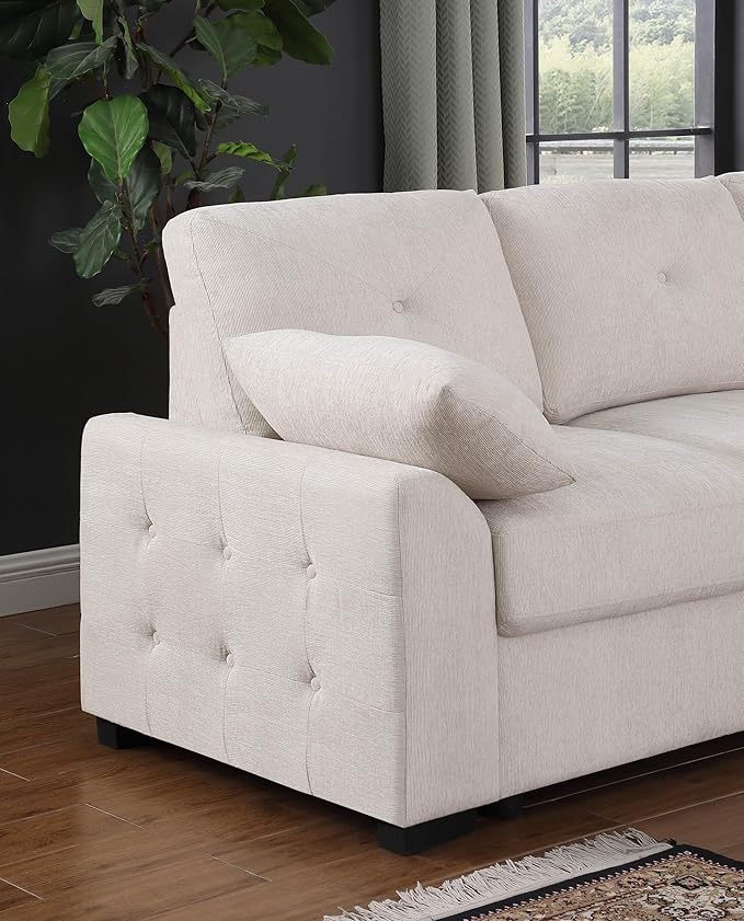 ERYE U-Shaped Pull Out Sleeper Couch Bed, Modern Chenille Upholstered Button Tufted Corner Couch Right Facing Sectional Sleeper Sofa Bed W/Storage Chaise and 2 Pillows