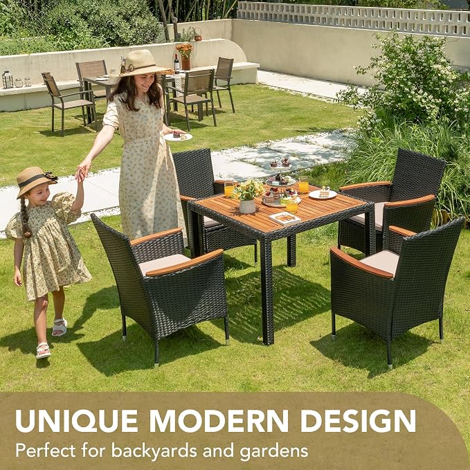 Devoko 5 PCS Furniture, Patio Conversation Set with Acacia Wood Top, Rattan Outdoor Dining Table and Chairs for Backyard, Garden, Deck, Black - Image 2
