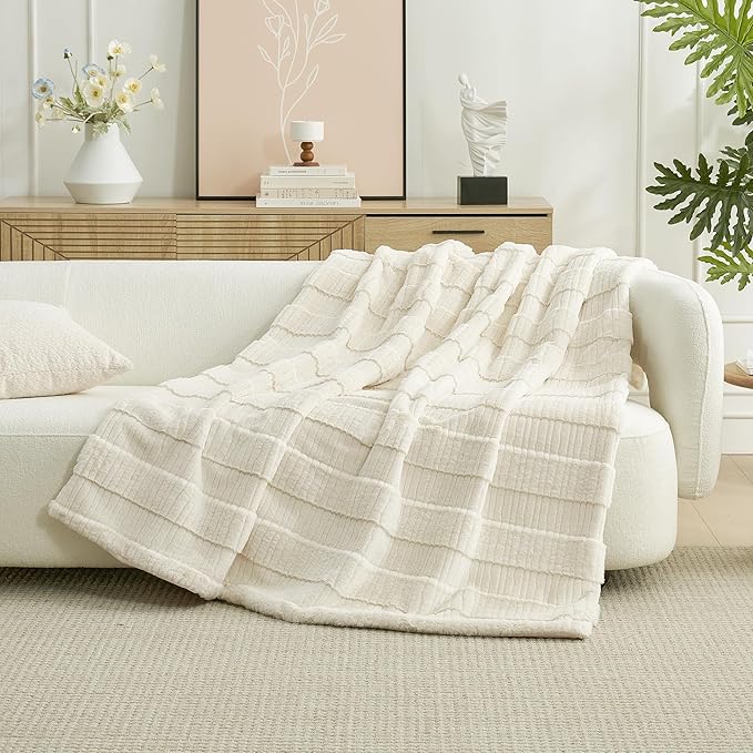 Amélie Home Luxury Striped Faux Fur Throw Blanket for Couch, Soft Cozy Fuzzy Fluffy Soft Plush Blankets Sofa Chair Gift Blankets for Women, 60"x80", Ivory