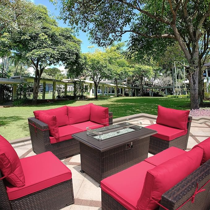 8 Pieces Outdoor Patio Furniture Set,Outdoor Sectional Furniture with 43" 55000 BTU Gas Propane Fire Pit Table,All Weather PE Rattan Wicker Patio Conversation Set,Red