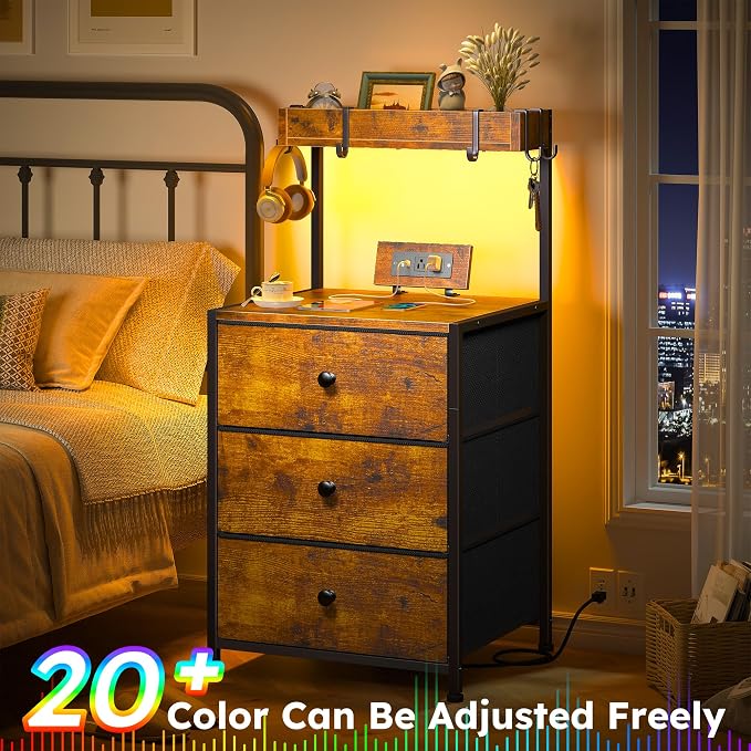 EnHomee Nightstands Set of 2, Nightstand with Charging Station and Led Nightstand with 3 Fabric Drawers, Bedside Table for Bedroom,Entryway, Hallway, Closet, 4 Hooks, 1 top Shelf, Rustic Brown - Image 7