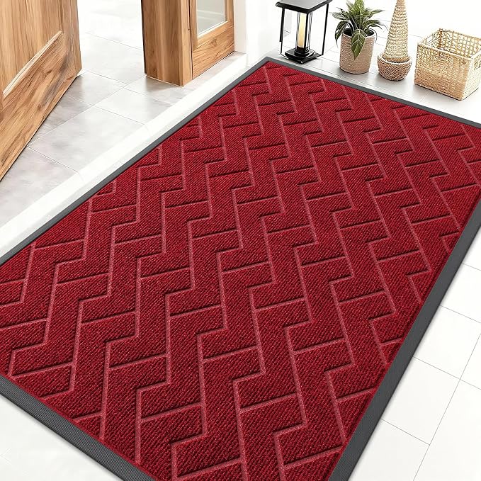 OLANLY Front Door Mat Indoor Outdoor Entrance, Waterproof All-Season, All-Weather Doormat, Sturdy Natural Rubber, Low Profile, Easy Clean Patio Porch Entryway Mat, Herringbone Brick (Wine Red, 47x32) by OLANLY