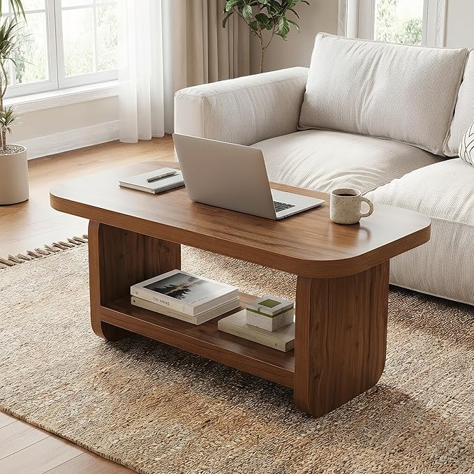 LITTLE TREE Wooden Coffee Table, 47.2" Center Table with Storage, Modern Farmhouse Rectangle Living Room Tables with Rounded Corners for Living Room, Bedroom, Kids Room, Home Office, Brown