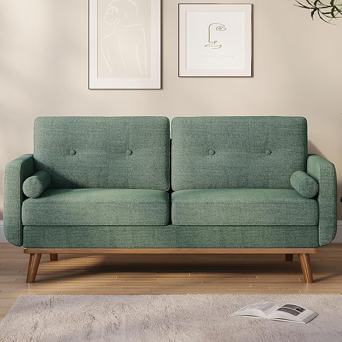 Garvee 65 in Mid Century Modern Loveseat Sofa for Small Spaces, 2 Seater Linen Upholstered Couch with Button Tufted Design & Wood Legs, Small Couch for Living Room, Bedroom, Office, Apartment, Green