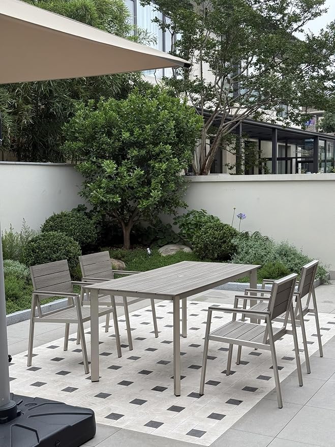Outdoor Dining Set for 6, Patio Table and Chairs Set with Umbrella Hole, 7 Pieces HDPS + Aluminum Outdoor Furniture Sets for Patio, Garden (Gray & Teak) - Image 2