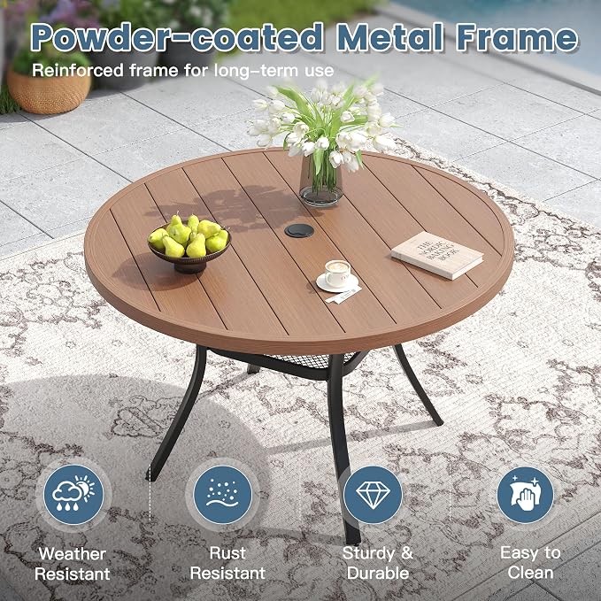 DIFY Outdoor Dining Set for 4, Patio Dining Furniture Set Includes 42" Walnut Round Table with Adjustable Umbrella Hole and 4 Brown Stackable Metal Chairs for Poolside, Garden, Backyard - Image 3