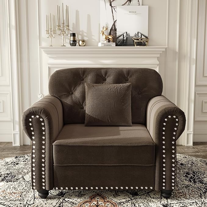 KEIKI 41" Velvet Chesterfield Sofa with Rolled Arms & Nailhead Trim & 1 Ottoman, Modern 1-Seater Button Tufted Couch with High Resilience Cushion & 1 Pillow, Easy Assembly, for Living Room, Brown