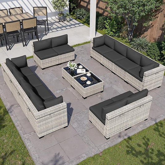 14-Piece Outdoor Patio Furniture Set, PE Wicker Rattan Sectional Sofa Conversation Set with Tempered Glass Table & Thick Cushions - All-Weather Garden, Backyard Furniture, Dark Grey