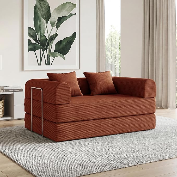 53.15'' Convertible Compressed Corduroy Folding Cloud Sofa Bed, Modern Boneless Pull Out Loveseat Sleeper in a Box, 4 in 1 Floor Mattress Futon Cloud Couch, No Assembly Needed, Orange, Pillows, Full