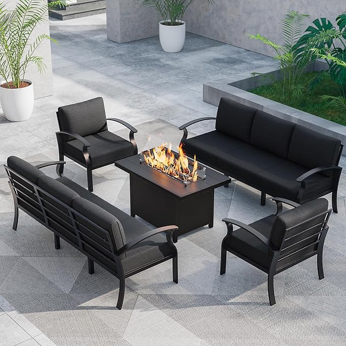 ALAULM Aluminum Patio Furniture Set with Propane Fire Pit Table 8-seat Metal Outdoor Furniture w/Fire Pit Patio Conversation Set w/5.1" Cushions for Patio, Backyard, Poolside-Black