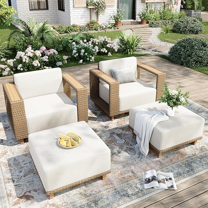 4 Pcs Outdoor Patio Furniture Set, Outdoor Wicker Modular Sofa Couch, 2 Rattan Single Sofa, 2 Ottomans with 10" Extra Thick Cushions