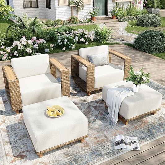 4 Pcs Outdoor Patio Furniture Set, Outdoor Wicker Modular Sofa Couch, 2 Rattan Single Sofa, 2 Ottomans with 10" Extra Thick Cushions