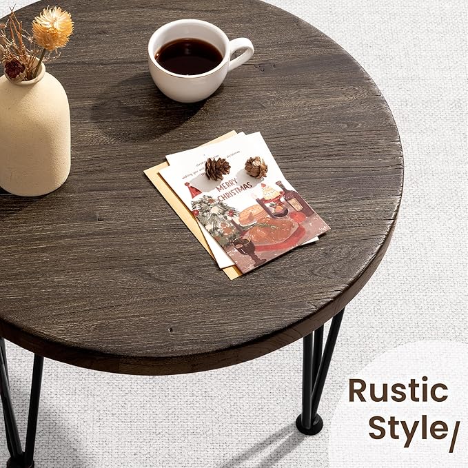 Fun Memories Round Coffee Table - Elm Wood Nesting Table with Metal Legs & Non Slip Feet Base - Rustic Nesting End Tables for Living Room Bedroom - 14" D x 14" W x 16" H - Walnut Color