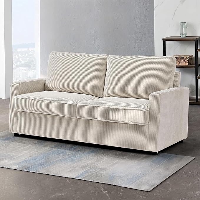 Reversible Sleeper Sofa Bed with Comfortable Memory Foam Mattress, Convertible Corduroy Full Size Pull Out Couch for Living Room, Space Saving Furniture, 70" Wide, Rectangular Arms, Ivory