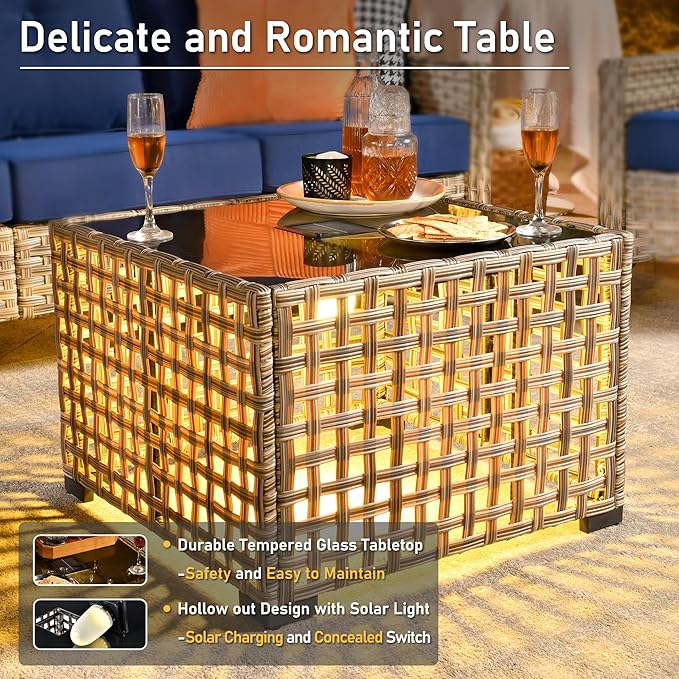 HOOOWOOO 6 Piece Patio Furniture Conversation Sets with Sola Light Table,Outdoor Wicker Furniture with Ottoman, All Weather Resistant Outside High Back Rattan Patio Set(Navy Blue)