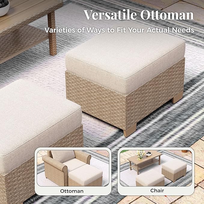 Patio Furniture Set 5 pcs, Wicker Outdoor Patio Furniture, 3-Seat Sofa, 2 Single Chairs and 2 Ottomans, Rattan Patio Conversation Set for Backyard Deck, Beige