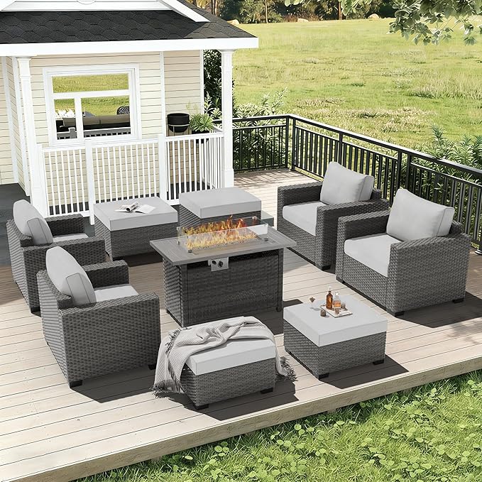 ABCASA 9-Piece Patio Furniture Set with Fire Pit Table | Indoor Comfort for Outdoor Living | Weather-Resistant Wicker & Ultra-Thick Cushions | Grey Patio Conversation Set for Deck, Porch, Poolside