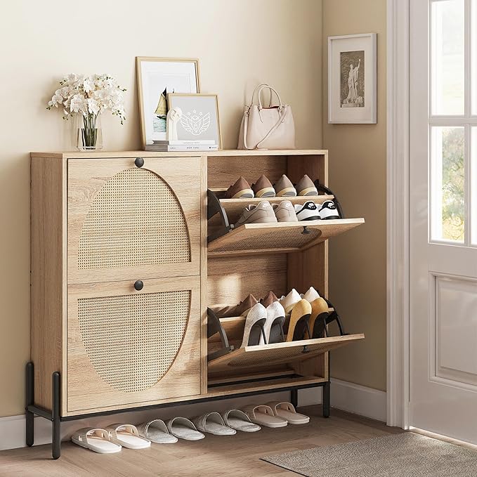 IRONCK Rattan Shoe Cabinet Storage with 4 Flip Drawers, Freestanding Shoe Storage Organizer Cabinet for Entryway, Narrow Shoe Rack Cabinet, Oak - Image 2