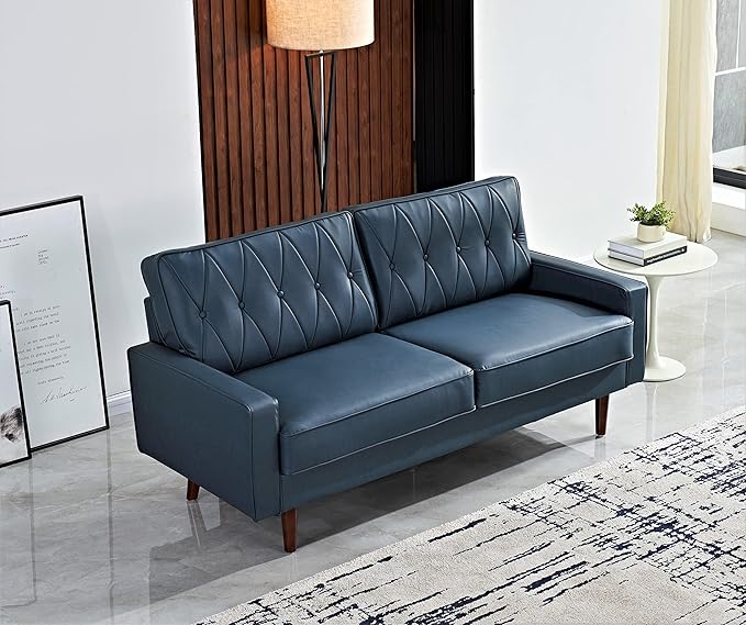 Container Furniture Modern Style Faux Leather Sofa with Elegant Round Tapered Legs and Button Tufted Backrest Perfect for Living Room, Bedroom or Home Office, 69.3’’ Wide, Blue
