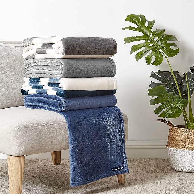 Nautica - Blanket, Ultra-Soft Plush Fleece Blanket for Bed or Couch, Lightweight Micro Flannel Throw Blanket for Year Round Comfort (Awning Stripe Blue, 50" x 60")