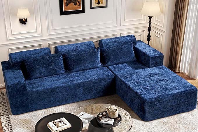 Homguava Modular Sectional Couches for Living Room,105" Cloud Couch with L-Shape Chaise,Comfy Sofa Living Room Couch with Deep Seat,No Assembly L Couch,Luxury Distressed Velvet(Blue,R)