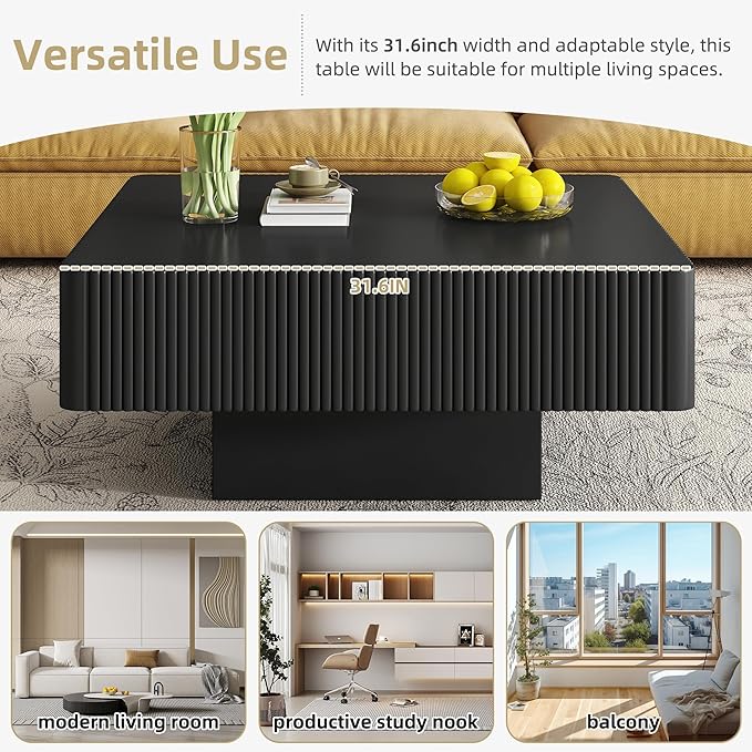 Merax Modern 31.6" W Square Coffee Table with Sturdy Base, Wood Center Tables for Living Room Reception Room, Easy Assemble, Black