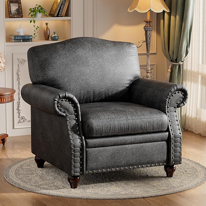 Single Sofa Chair, Faux Leather Nailhead Armchair, Rolled Arm Accent Chair for Living Room, Wood Legs, Traditional Single Couch Chair for Apartment, Farmhouse (Black, Set of 1)