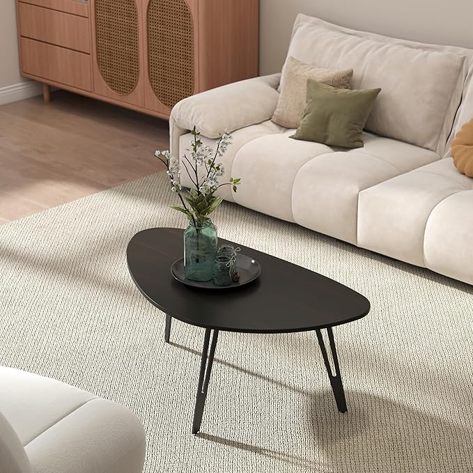 Manora Small Black Coffee Table, Modern Irregular Oval Wood Top with Tapered Metal Legs, Living Room Accent Table, 39.3"x21.6"x17" Low-Profile Table