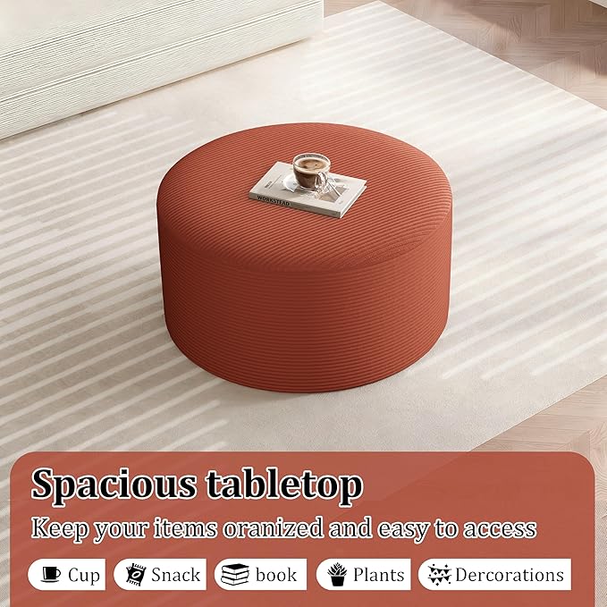 Round Coffee Table 32" Ottoman for Corduroy Cloud Sectional Couches in a Box Memory Foam Compressed Pouf Footstool Rest for Living Room, Bedroom, Makeup Room No Assembly Require (Orange, 32")