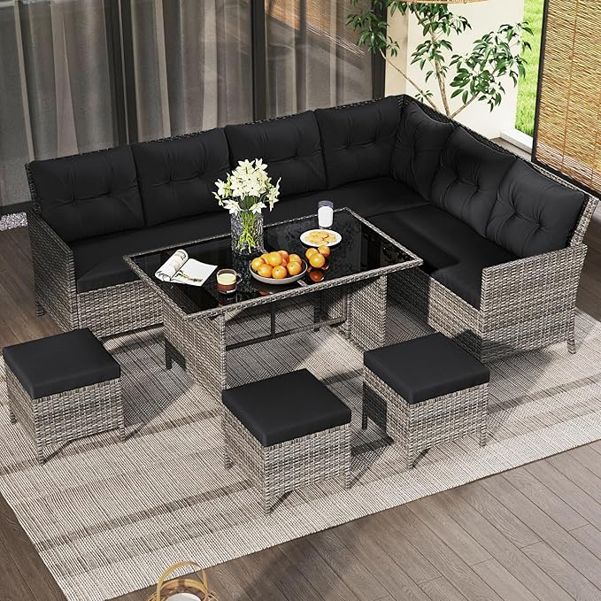 Tangkula 7 Pieces Patio Dining Furniture Set, Outdoor PE Rattan Sectional Sofa Set with Soft Cushions, Ottomans and Tempered Glass Table, Wicker Conversation Set (Mix Gray + Black)