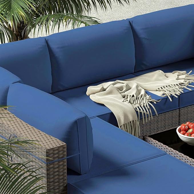 Gotland 7 Pieces Patio Furniture Set with 4’’ Thick Cushions, All-Weather PE Rattan Patio Set with 29.5'' High Backrest, Outdoor Furniture with Coffee Table for Porch Deck Garden Navy