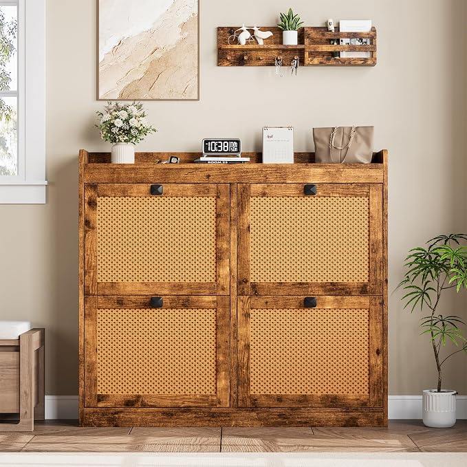 GarveeHome Shoe Cabinet Rattan with 4 Flip Drawers, Wooden Freestanding Shoe Organizer with Adjustable Shelves, Shoe Storage for Entryway, Closet, Hallway - Image 3