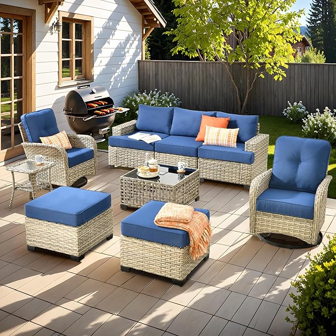 ovios 9 Piece Patio Sectional Furniture with Swivel Rocking Chairs, Rattan Wicker Coversation Set with Glowing Coffee Table, Outdoor Sofa Set for Outside Porch Balcony Backyard Pool, Navy Blue
