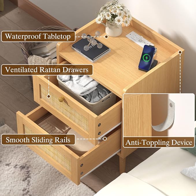 Nightstands Set of 2, Small Night Stands with Charging Station, Wood Rattan Bed Side Table Sets with 2 Drawers & Solid Wood Legs,Boho End Tables for Bedroom, Living Room, Sofa,Small Space - Image 5